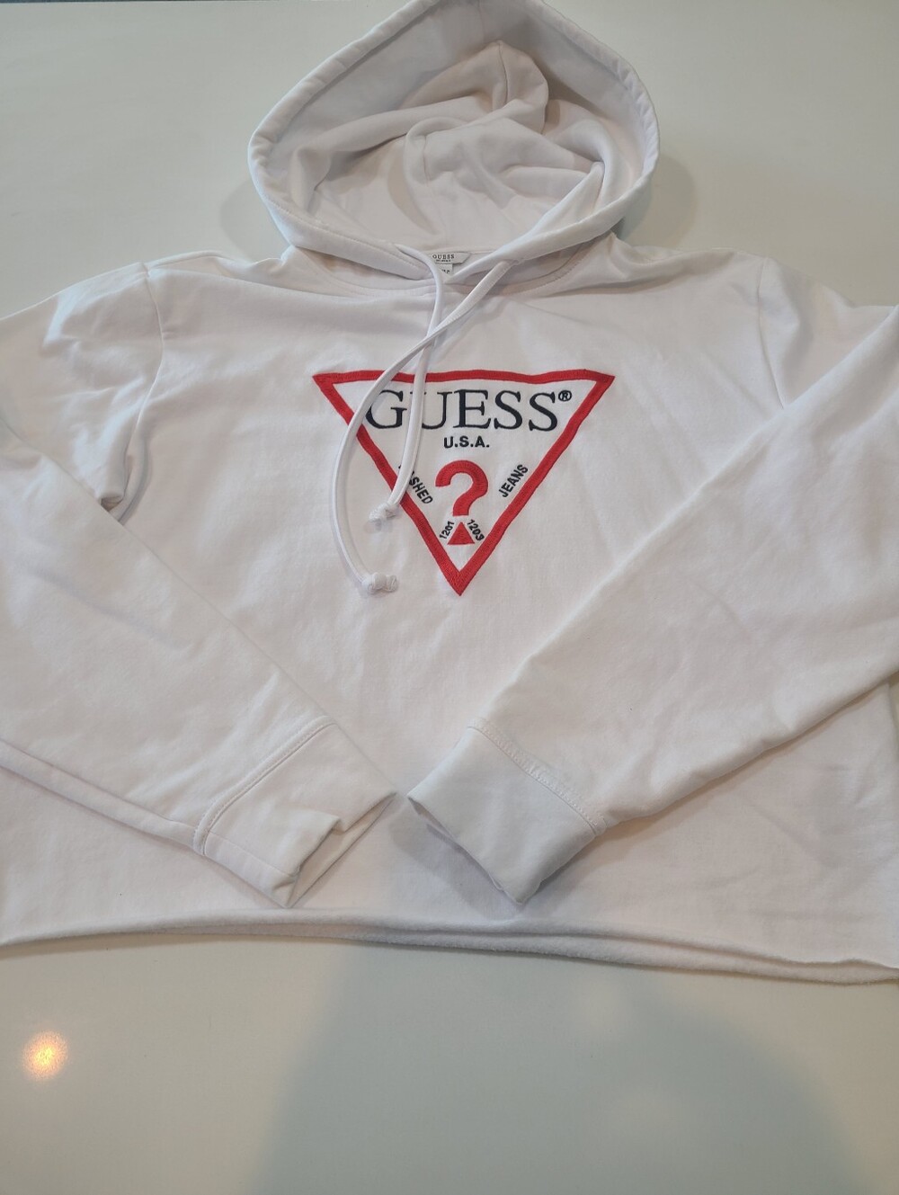 GUESS White Hoodie with Red Triangle Logo in Size Small